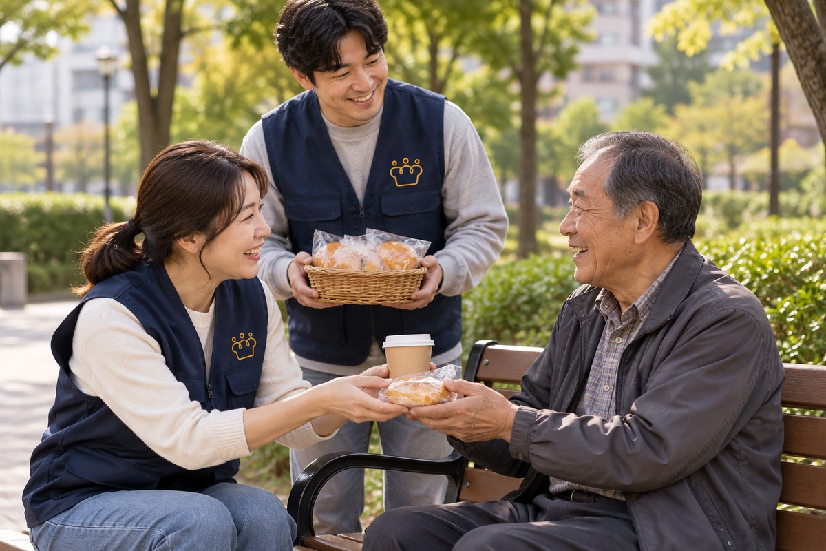 국내 나눔 사업 이해를 돕기 위한 AI 연출 이미지: 공원 벤치에서 빵과 음료를 건네며 미소와 대화를 나누는 이웃과 활동가